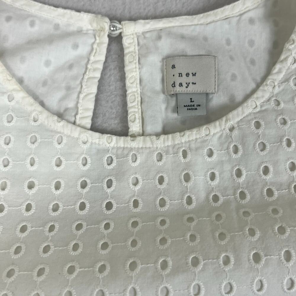 A New Day Midi Dress Large White Eyelet Puff Sleeve Lined Romantic Cotton A-Line - Picture 2 of 6